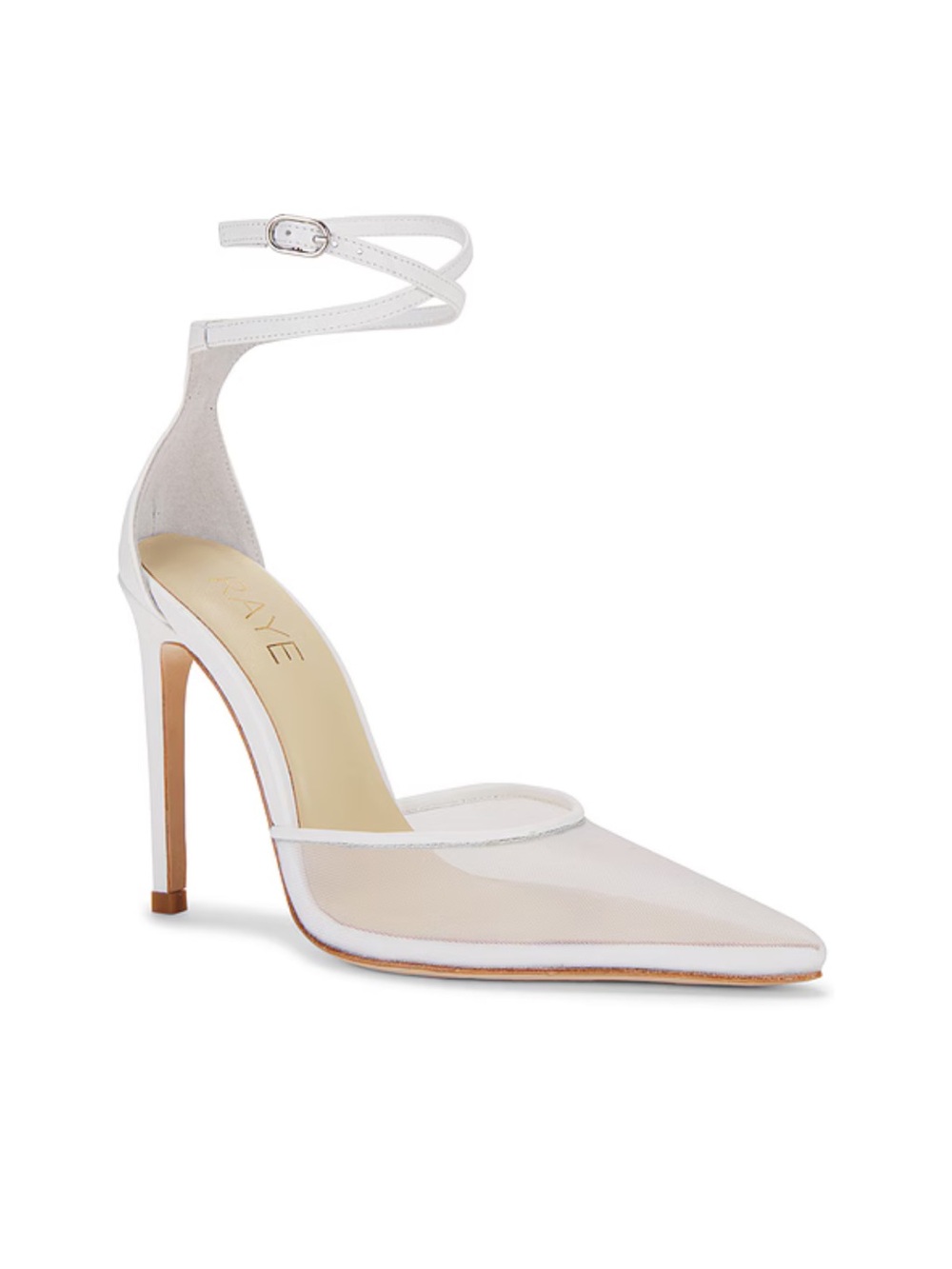Raye Dania Pump White Mesh Leather Heels Ankle Strap Pointed Toe 7 Bridal NWOT